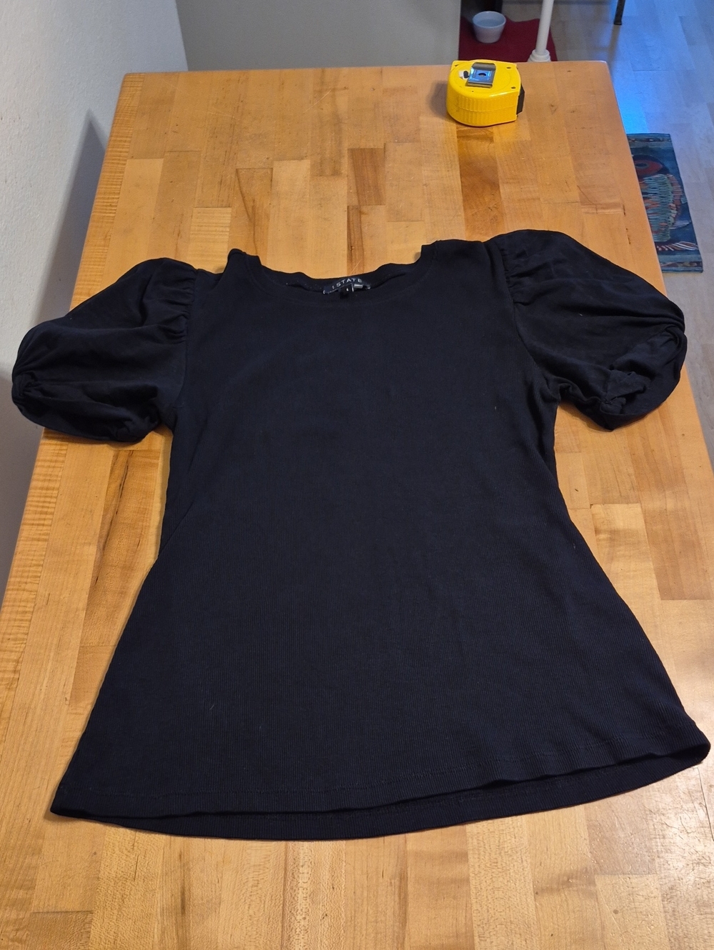 1 State Black Puffy Sleeves Ribbed Fabric